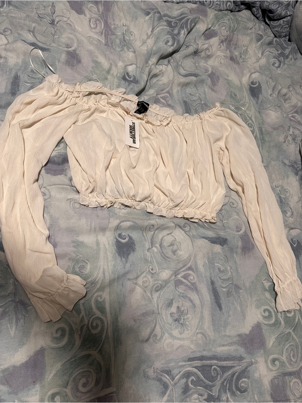 NWT Streetwear Society Cream Off-Shoulder Long Sleeve Crop Top Peasant Women XXL